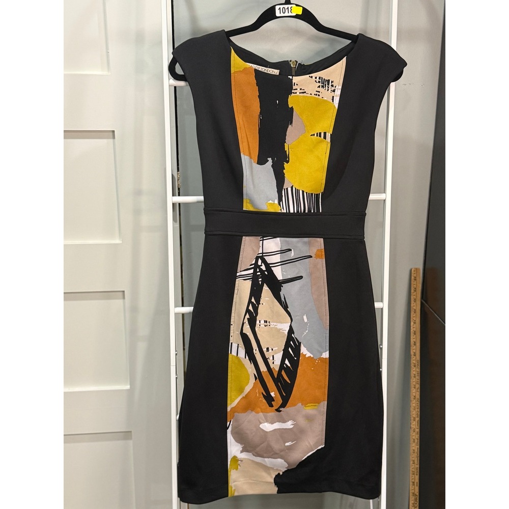 Maggy London Abstract Art Print Sheath Dress Black Yellow Orange Size 6 MCM 90s